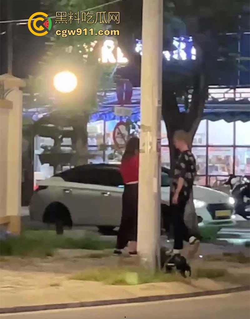 越南岘港街头，深夜惊现野战男女，金发女子大胆尝试当街跪舔黄毛大屌，连撸带吸玩深喉，真会玩 ！-3